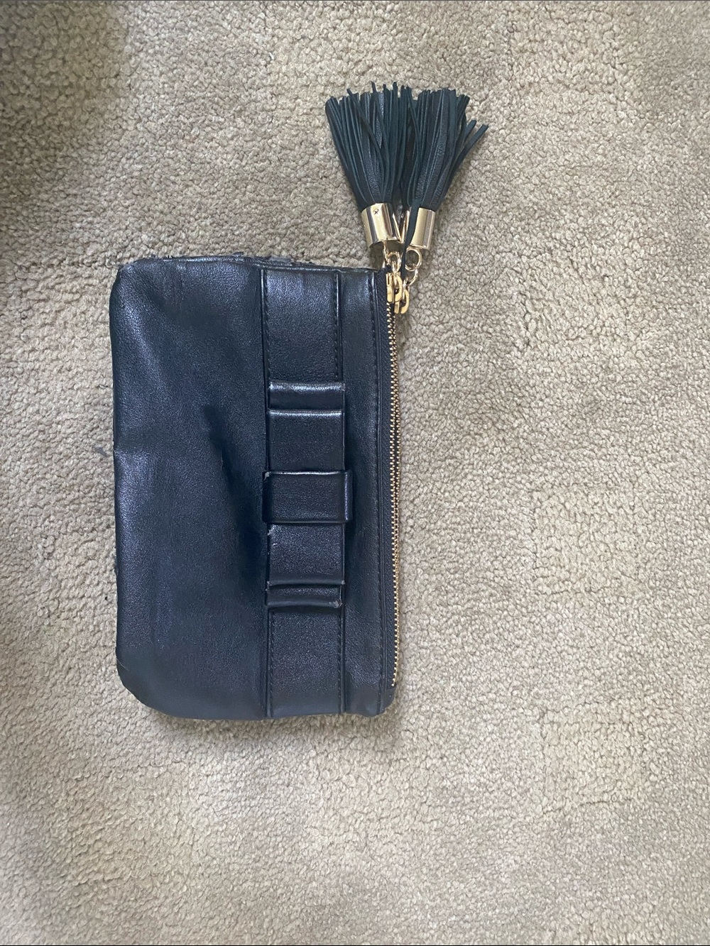 Ann Taylor Black Leather Bow Wristlet Clutch with Gold Tassel
